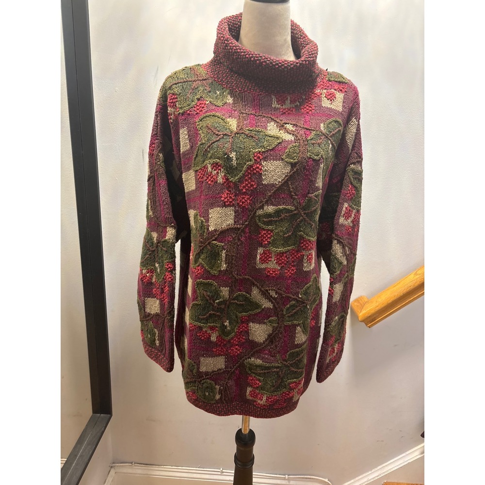Express Tricot  Knit Sweater Womens Large Burgundy‎ Green Vintage 3D Ivy Berry
